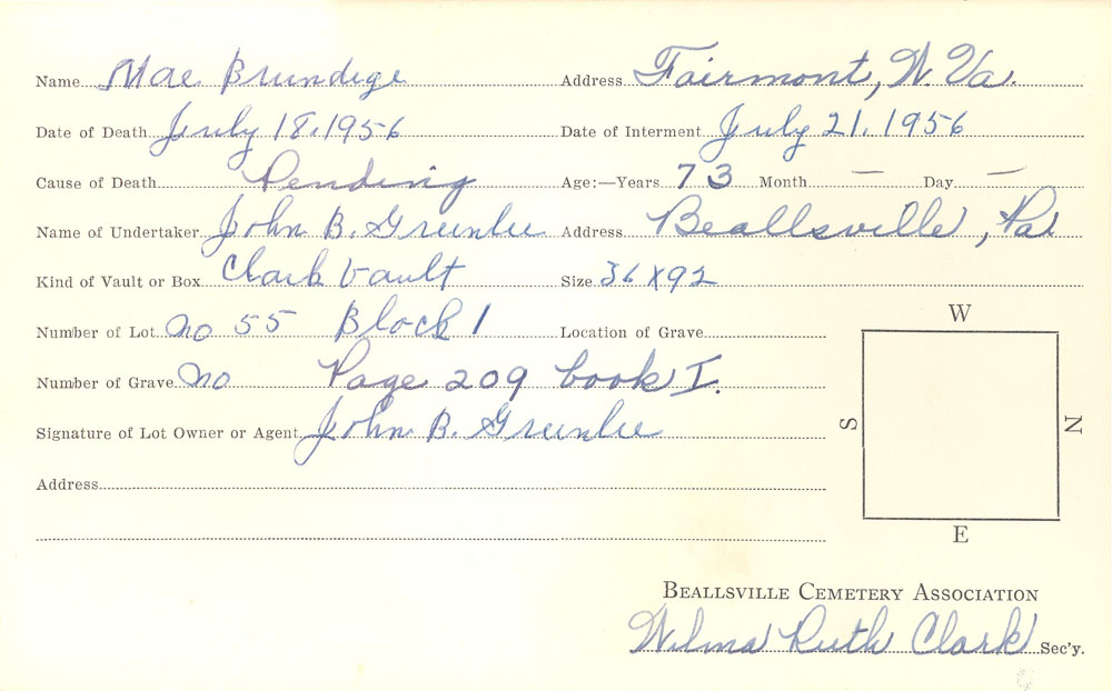 May U. Brundege burial card